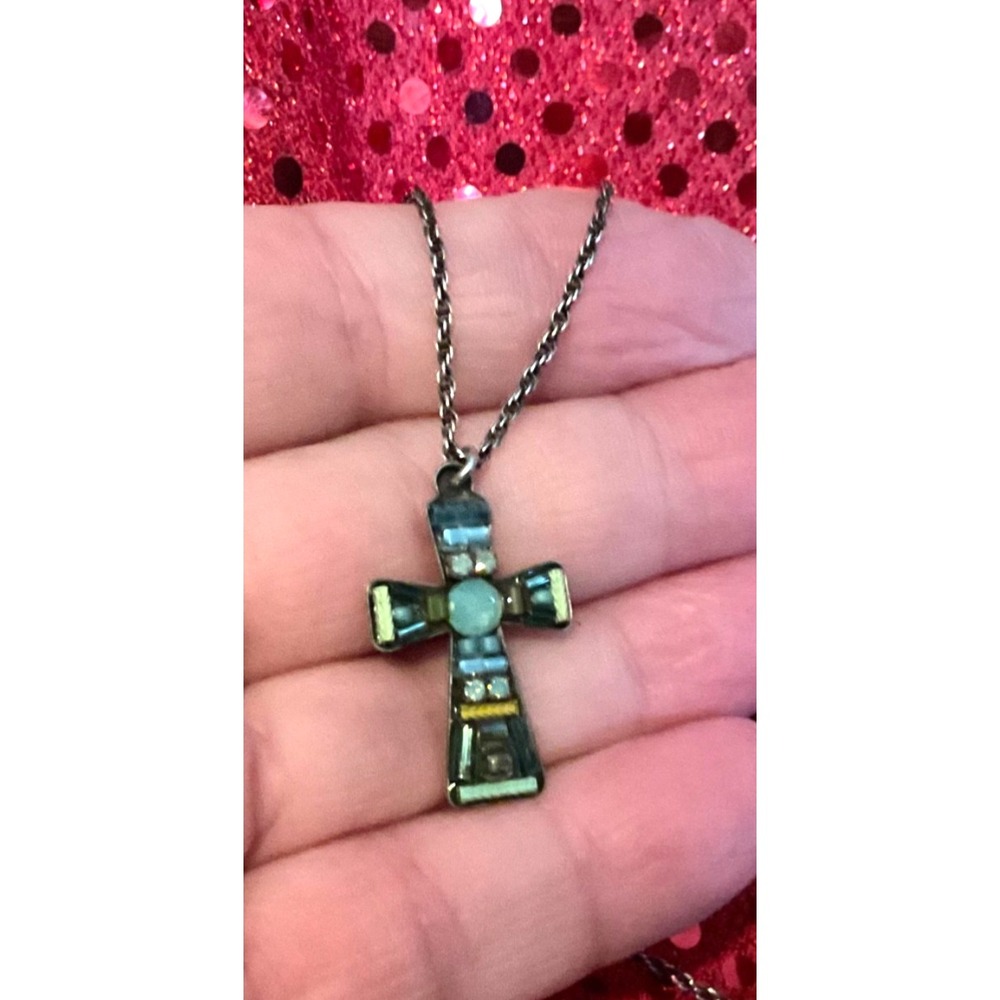 Authentic Vintage AYALA MOSAIC CROSS Women's Silver Necklace 20" length